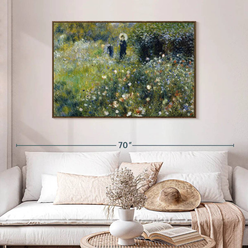 Femme avec un parasol dans un jardin, 46 po x 31 po, Cadre flottant noyer