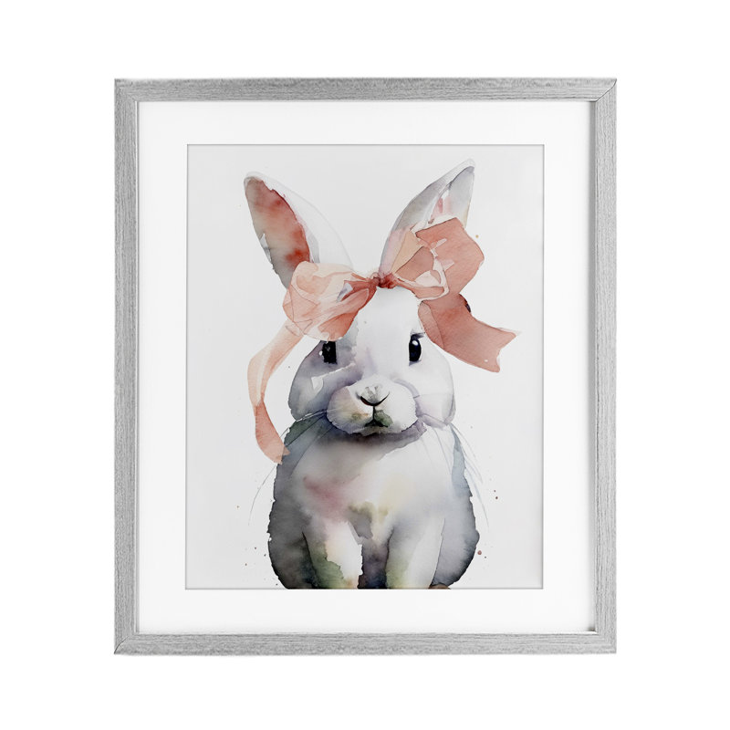 Lapin avec ruban rose doux, reproduction encadrée sous verre, design par Lil 'Rue, Cadre de ferme gris, H 16 po x l 13 po