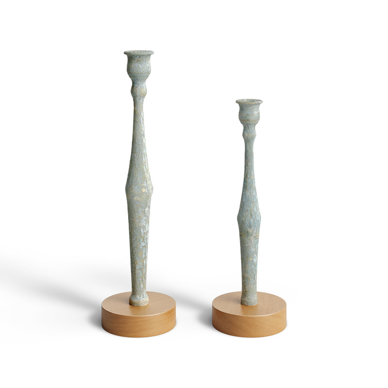 Light Blue Distressed Wood Tabletop Candlestick Set