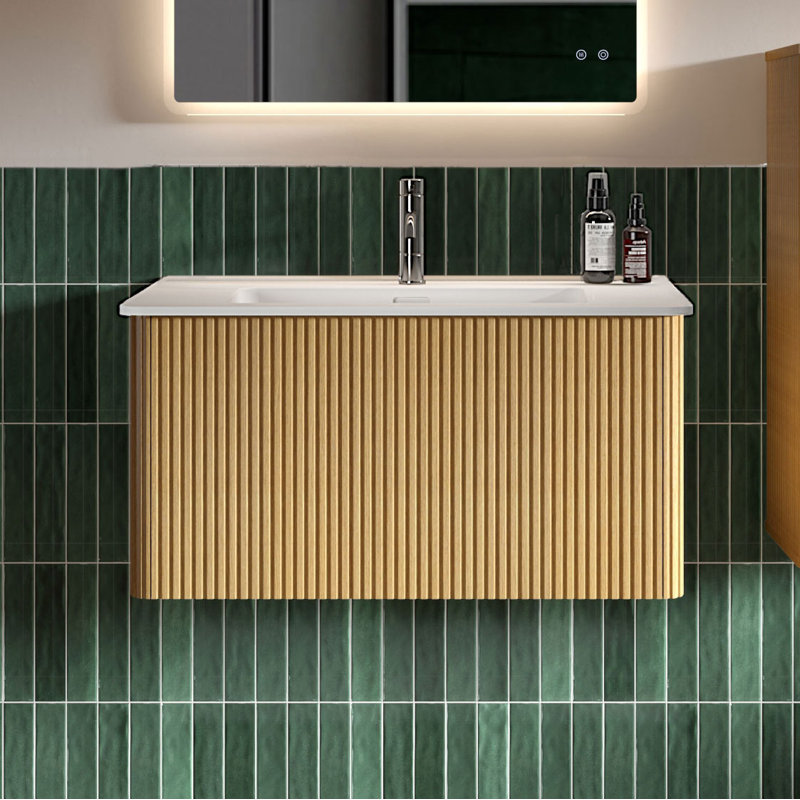 Meuble-lavabo mural simple pré-assemblé avec comptoir avec trop-plein 30 po Hannemarie, Chêne naturel, 30", Matte White