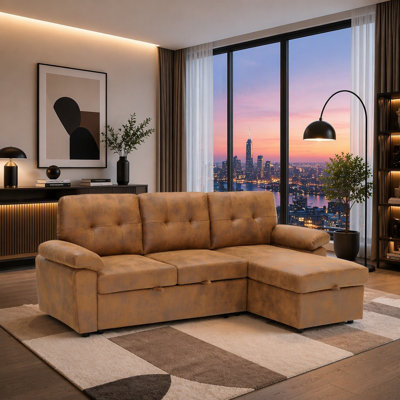 88.5" L-Shaped Sleeper Sectional Sofa with Pull Out Bed, Storage Chaise, Tufted Backrest, Soft Armrests & Upholstered Fabric Couch