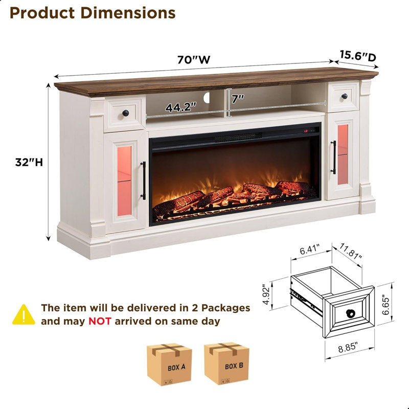 Diamandi Wood TV Stand with Fireplace, White