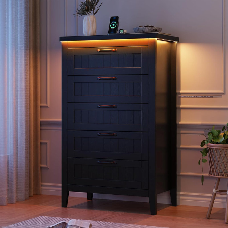 Commode à tiroirs Farmhouse avec station de charge et lumières DEL, commode de chambre mince en bois, Noir
