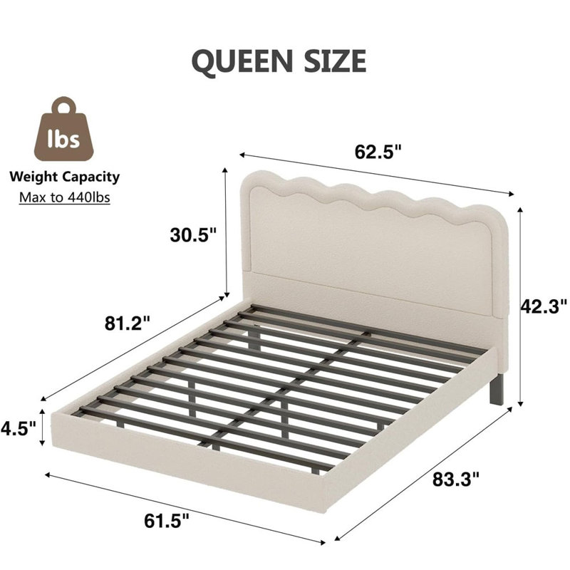 Queen Size Boucle Upholstered Floating Bed Frame With Led Lights, Visual Floating Led Platform Bed, No Box Spring Needed, Beige