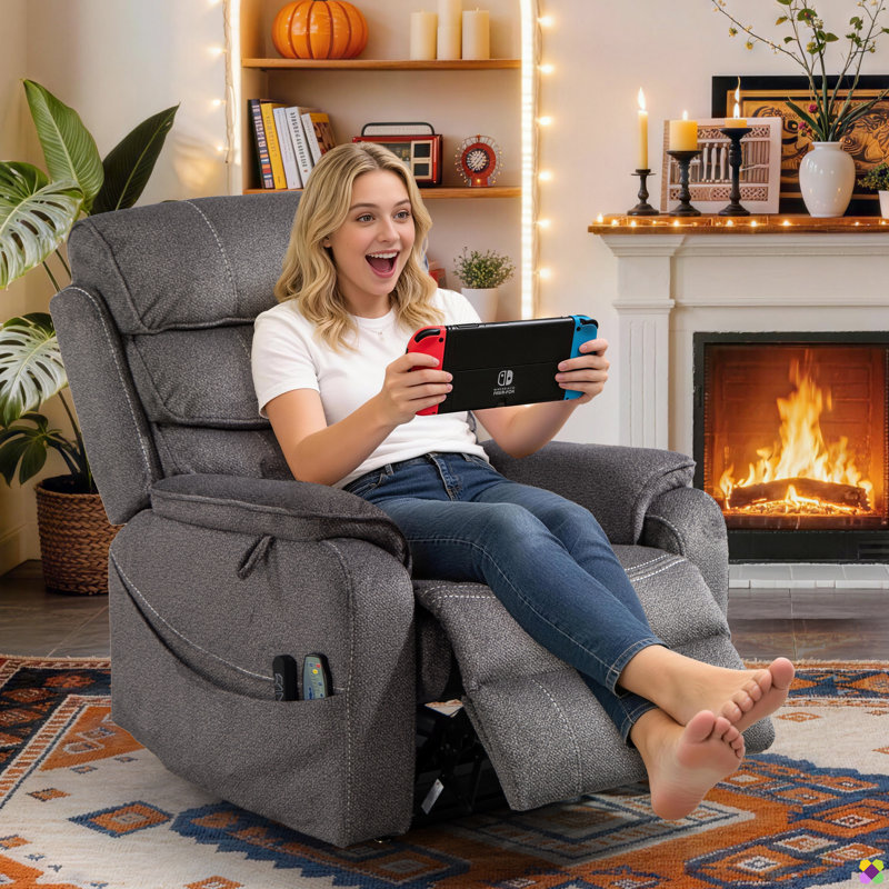 Emryn 36.2"W Chenille Liftable Recliner, Dual Motors, Cup Holder & Phone Charger, Gray