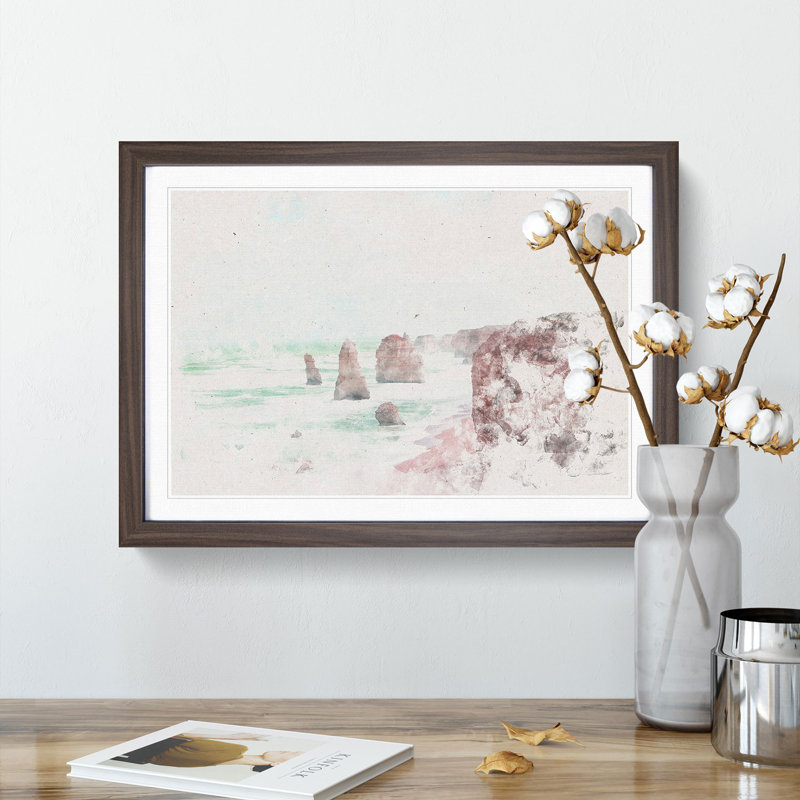 The Twelve Apostles Cliffs in Australia Watercolour - Picture Frame Graphic Art Print, 45cm H x 63cm W x 2cm D, Walnut Framed