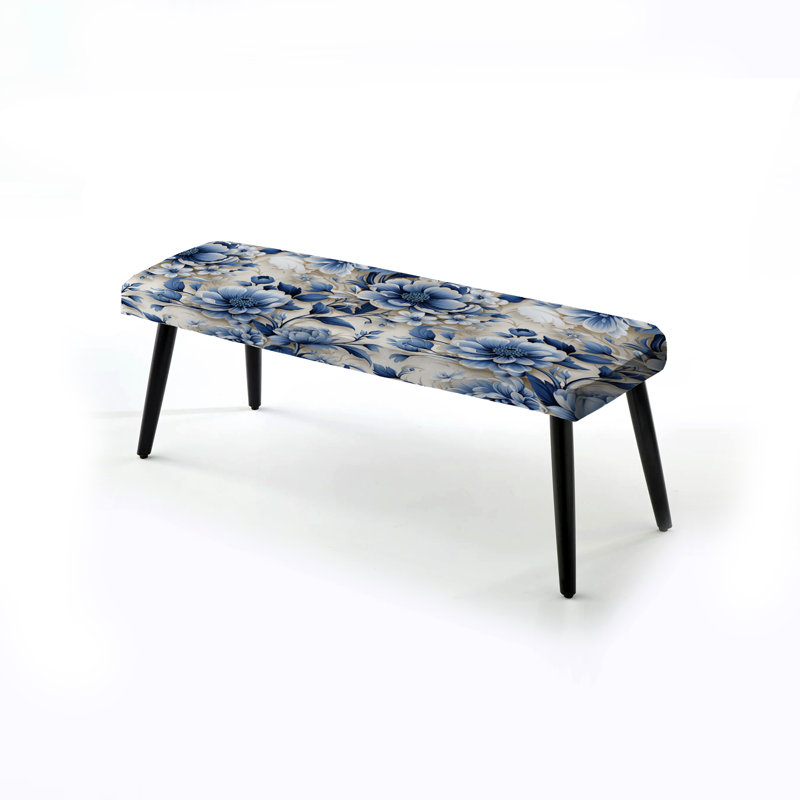 Cobalt Blue Filigree Vines Victorian Pattern - Floral Upholstered Black Bench