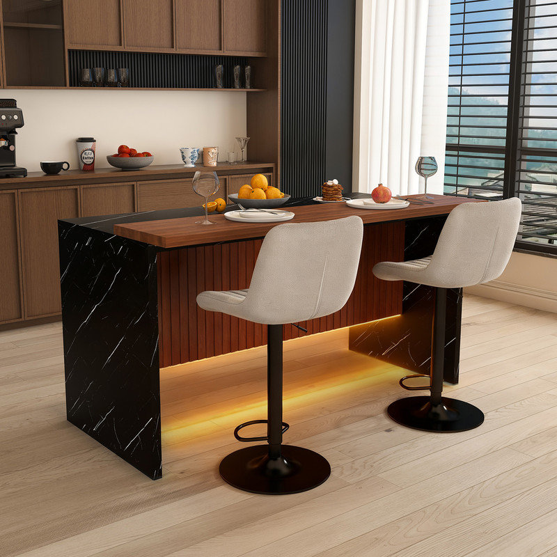 Ensemble d'îlot de cuisine 63 po avec 2 tabourets de bar gris - surface d'aspect marbre noir, éclairage DEL et conception de barbecue pour la salle à manger, espaces à aire ouverte, salon (2 tabourets de bar gris)