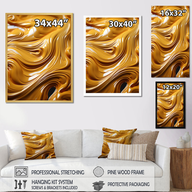 Golden Wave Ocean of Abundance, or liquide sur toile, H 32 po x l 24 po x P 1 po, Cadre flottant doré