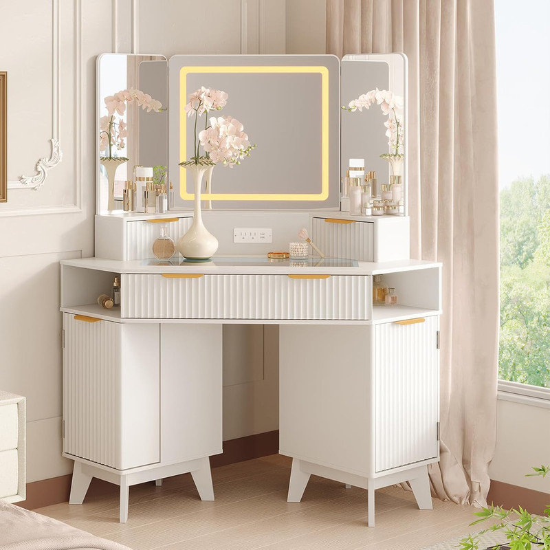56" Fluted Makeup Vanity with Triple Mirror Lights, Glass Top & Charging Station for Bedroom Corner, White
