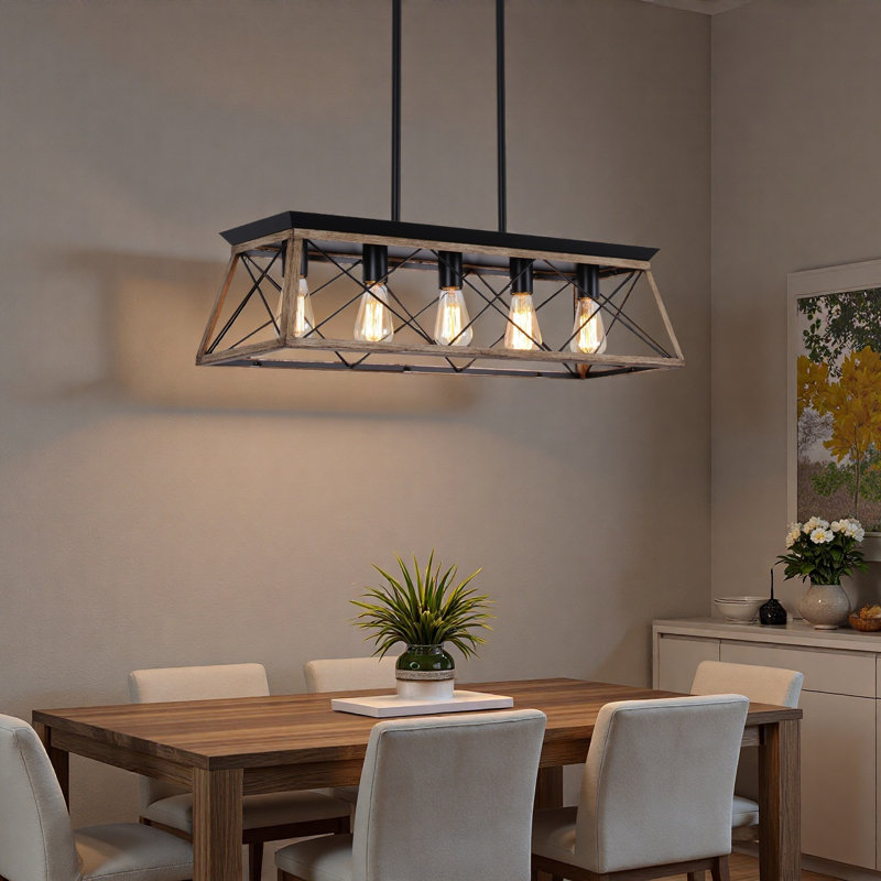Lustre 5 lumières pour îlot de cuisine en métal naturel avec structure en cage ouverte, ampoules non incluses, Brun, Naturel