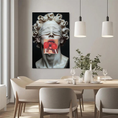 1Pc Framed Canvas Poster Print Blind Statue, Red Lip Lollipop, Surrealist Art Style Wall Art Wall Pediments, Wall Decor, Perfect for Room Decor Living
