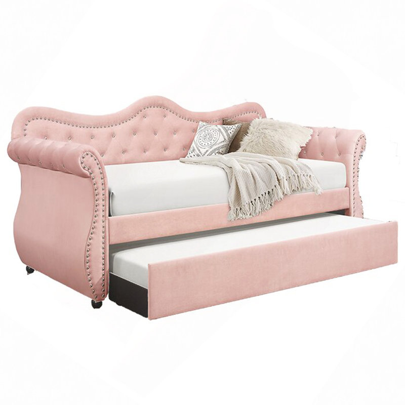 Upholstered Velvet Wood Daybed With Trundle, Pink