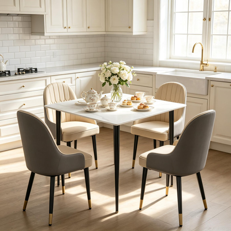 Dining Set, White, Light Khaki/Grey