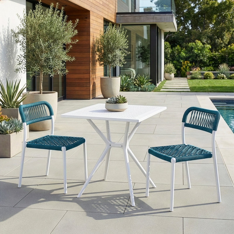 Belen Basma Blue White Outdoor Dining 2 Seats Set, Blue