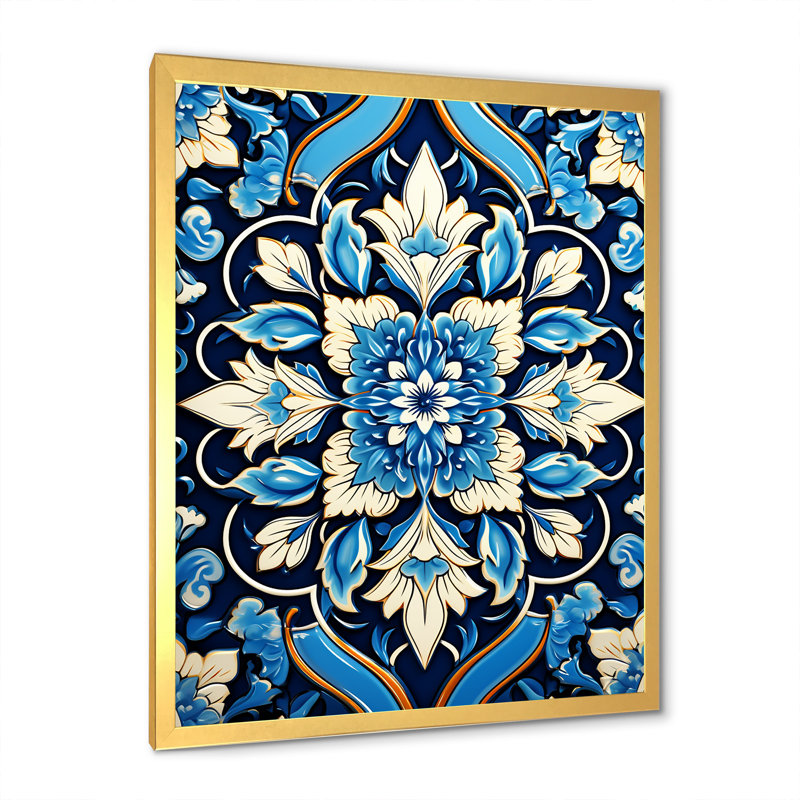 Motif abstrait abstrait bleu et blanc - tuile abstraite, Encadrement doré, H 32 po x l 16 po x P 1 po