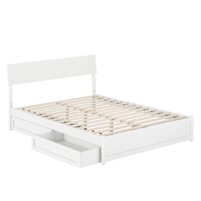 Norla Twin XL Wood Platform Bed with Footboard and Storage Drawers, White, Queen, White