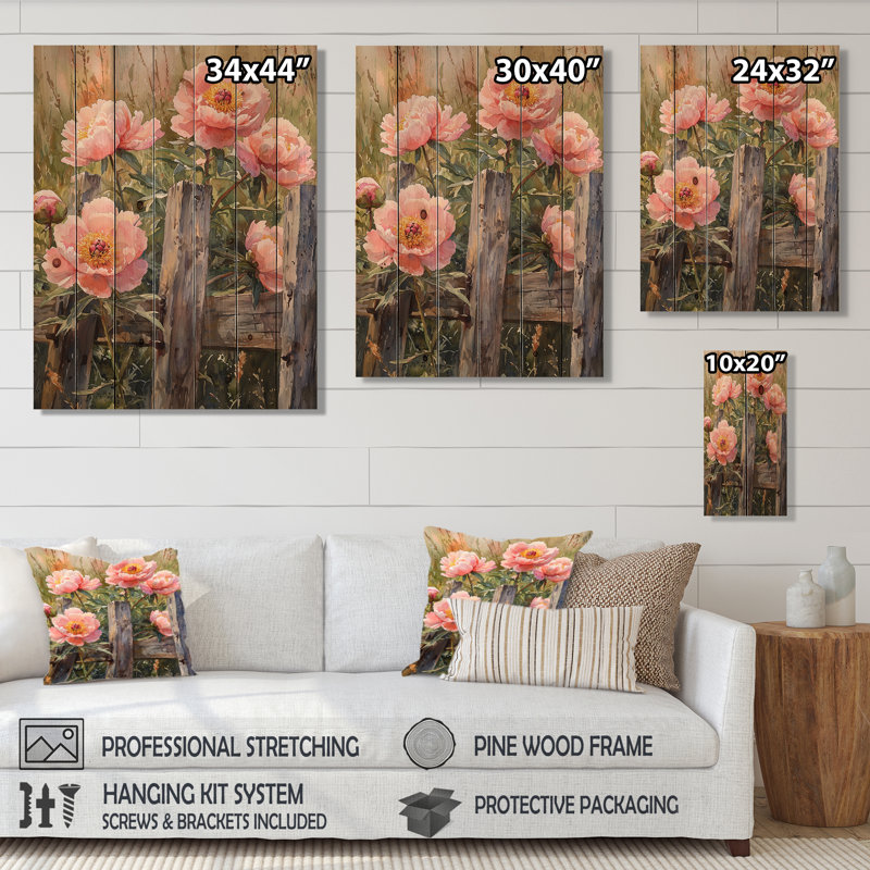 Peonies At The Farm Gate I - Peonies Wood Wall Decor - On Natural Pine Wood, 44" H x 34" W x 0.78" D