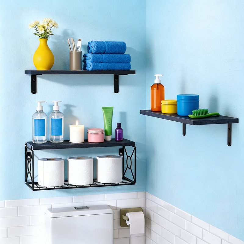 Bathroom Shelves Over Toilet With Storage Basket, Floating Wall Shelf For Home Organization, Wall Decor, Black
