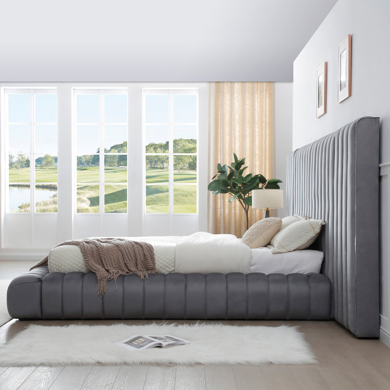 Lit plateforme tapissier Avalon, Gris, Très grand