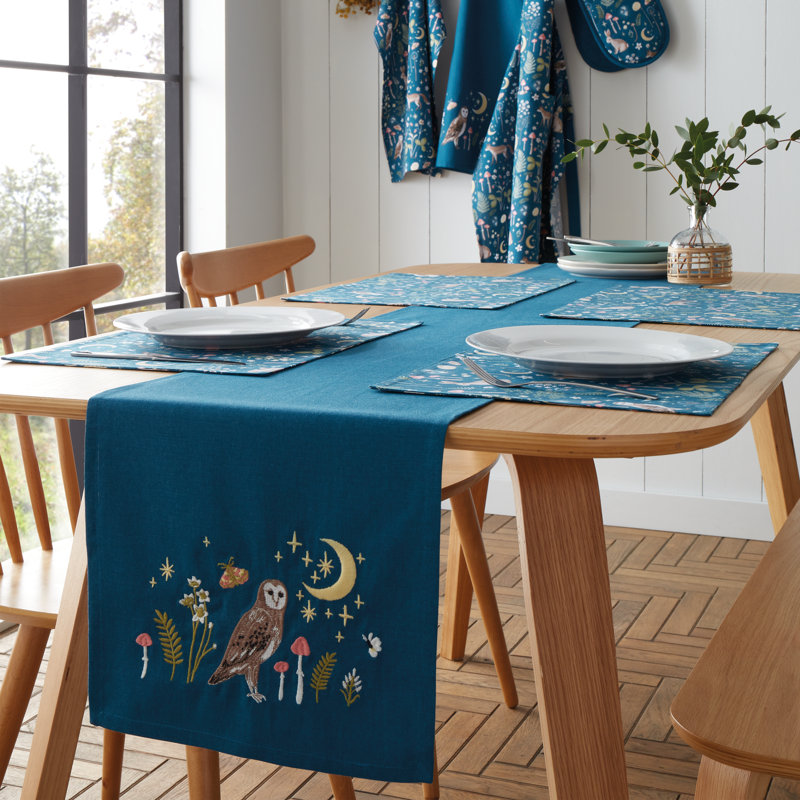 Enchanted Twilight Animals Cotton Dining Table Runner, Navy Blue