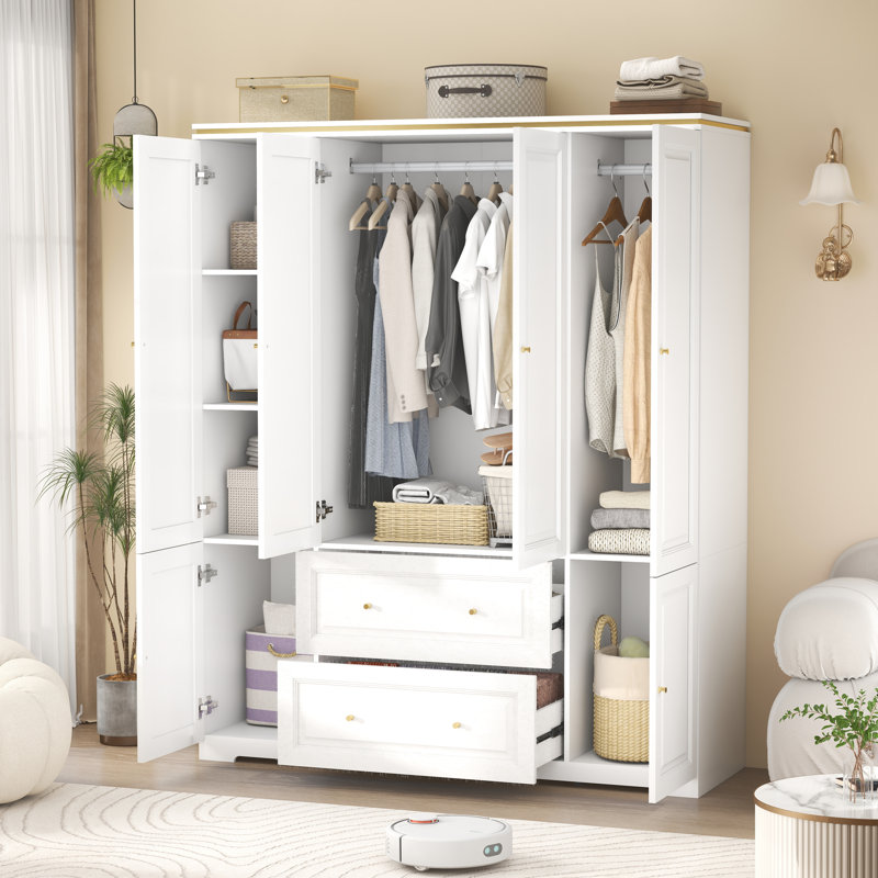 Armoire à 4 portes avec 2 tiroirs, rangement fonctionnel pour les chambres à coucher, les bureaux ou les espaces compacts