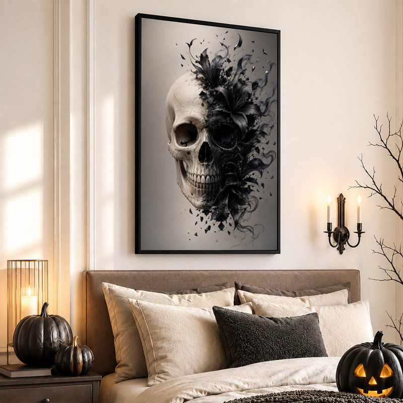 Crâne noir et blanc avec lys, art mural d'Halloween, H 18 po x l 12 po