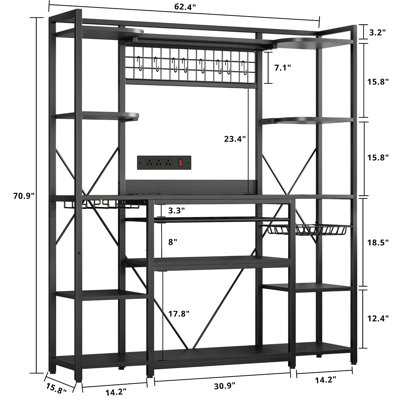 62 Inch Wide Bakers Rack With Large Storage And Power Outlet, Kitchen Bakers Rack With Wine Rack, Wire Basket And Hooks, Coffee Bar For Kitchen, Living Room