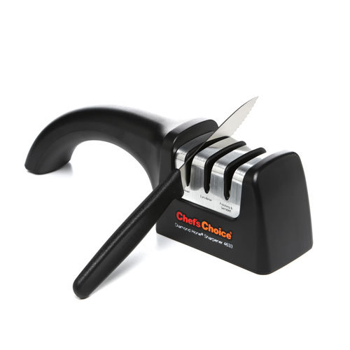 This professional 3 stage electric knife sharpener keeps 20 degree class  knives performing at their best. The key is our patented abrasives, which  use 100 percent diamonds (the hardest natural substance on