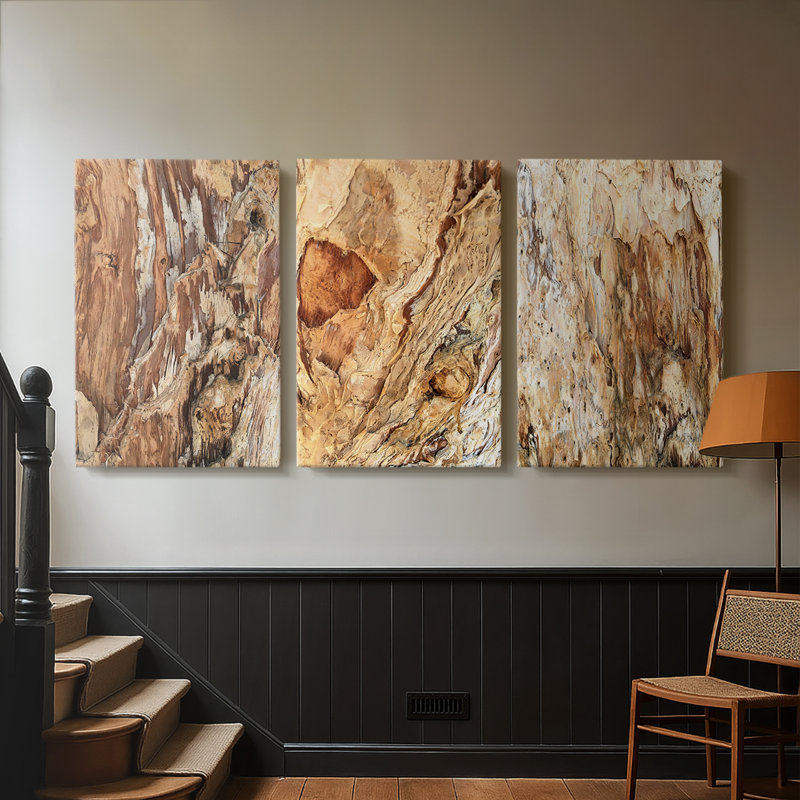 «Tree Texture Triptych I» - Toile tendue avec châssis sur mesure - 3 pièces, H 27 po x l 54 po