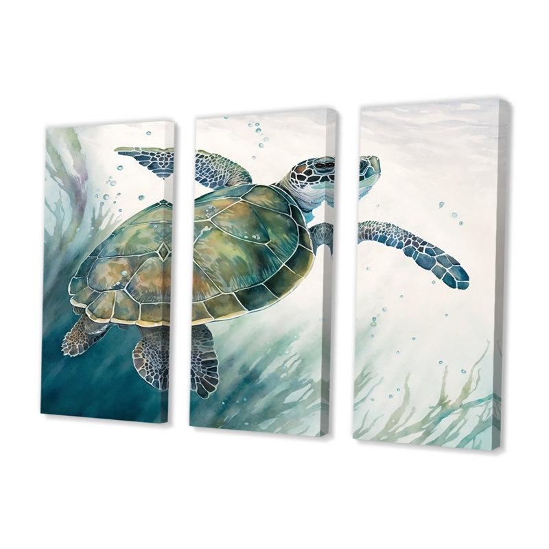 Tortue aquarelle nageant I - 3 pièces sur toile, H 28 po x l 36 po x P 1 po, Toile tendue