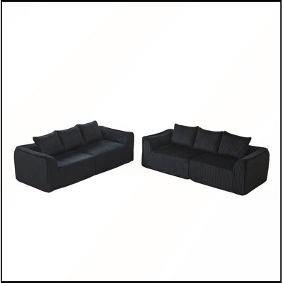 Minimalist 3+2 Seater Corduroy Sofa Set with Curved Lines & Gently Sloped Backrest, Comes with 5 Horn-Shaped Throw Pillows