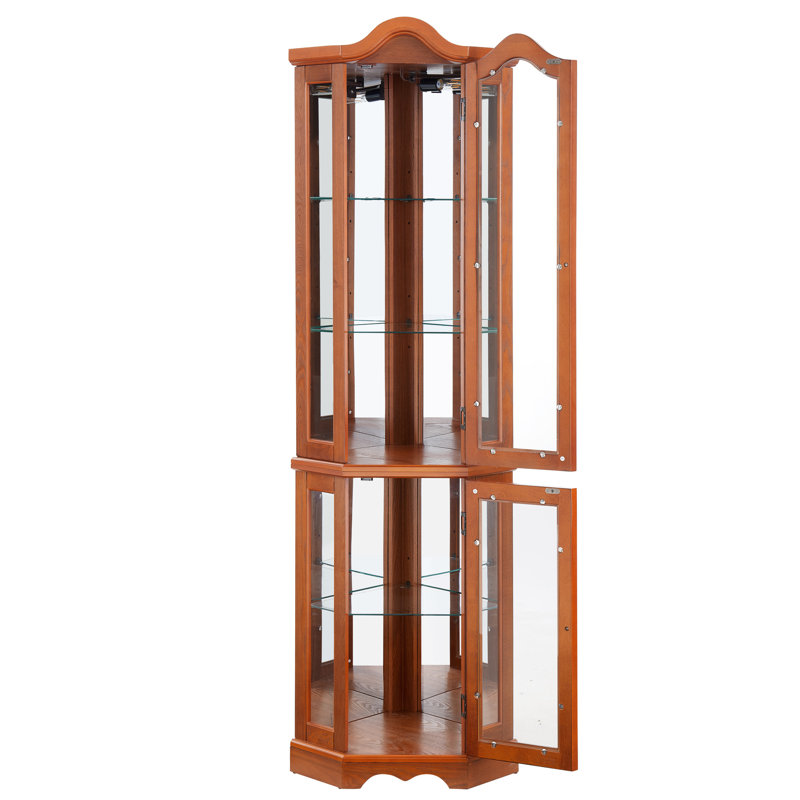 Armoire éclairée en verre avec portes et tablettes en verre trempé, charnière réglable pour le salon de la chambre à coucher au fini chêne, décor