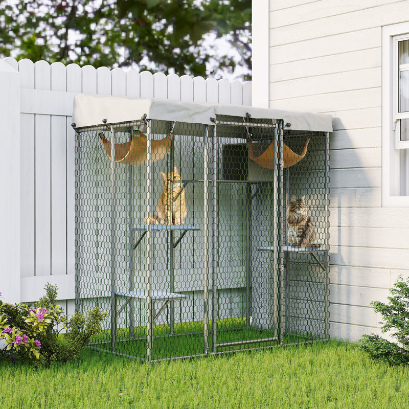Large Weatherproof Outdoor Cat House – Spacious Walk-In Cat Cage with Canopy, Resting Box & Window Access – Multi-Cat Enclosure for Yard or Patio