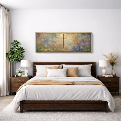 "Radiant Cross in Floral Meadow", pastel doux, paysage chrétien, décoration murale, très grandes images, impression sur toile encadrée