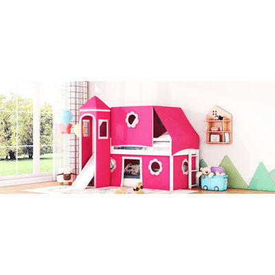 Lit mezzanine simple rose avec tente et tour à glissière