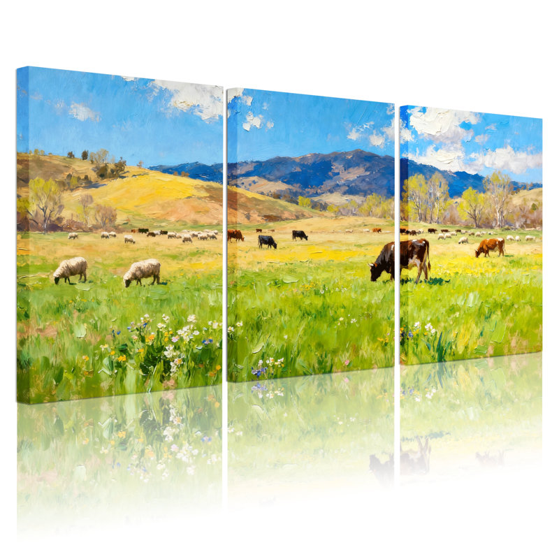 Ensemble de 3 impressions sur toile, paysage pastoral avec vaches et moutons, H 18 po x l 36 po