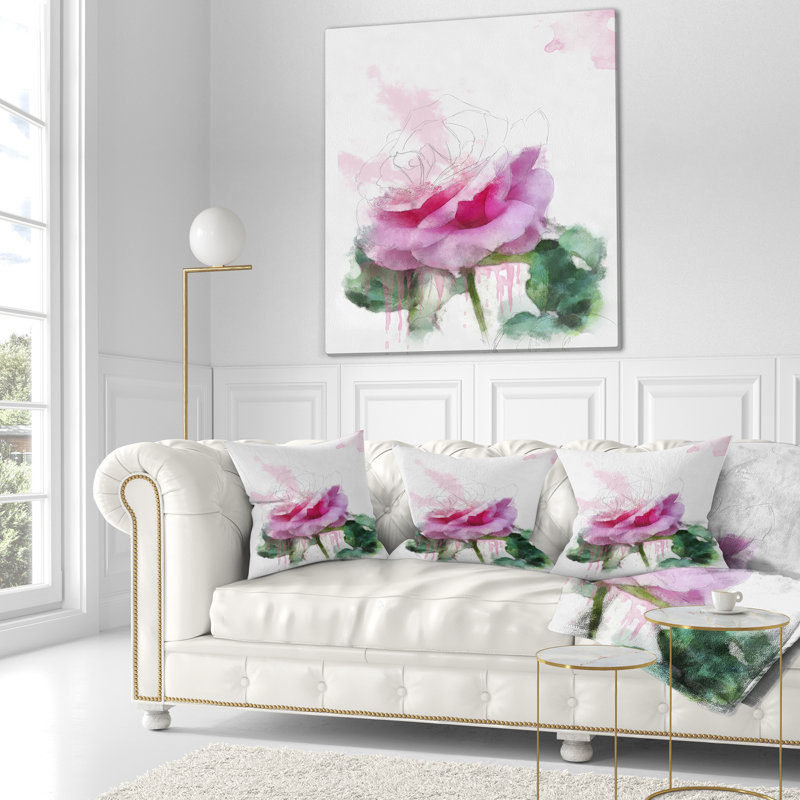 Tige rose rose avec éclaboussures de peinture - coussin imprimé floral, 16 po x 1 po, Coussin décoratif