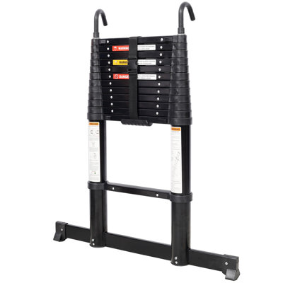 Échelle télescopique en aluminium 12,5 pi avec pieds antidérapants et crochet stable, fonction de sécurité de ralentissement avec échelle d'extension portative pour le travail domestique et extérieur, capacité de 330 lb, noir