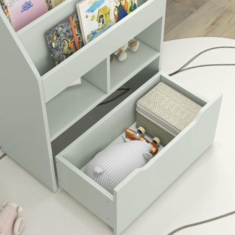 Kids Bookshelf with Moveable Drawer, Montessori-Inspired Children's Bookcase with Wheels