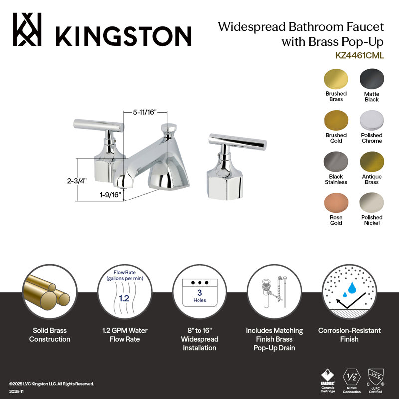 Robinet de salle de bain espacé à deux poignées et 3 poignées à fixation sur le comptoir avec robinet escamotable en laiton Kingston