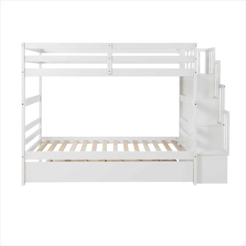 Lits simples superposés avec lit gigogne simple et fonction de rangement pour escalier, Blanc