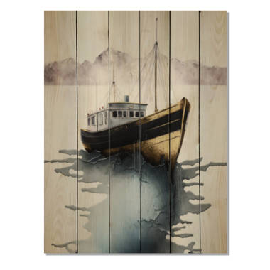 Longshore Tides Gold Modern Fishing Boat III On Wood Print