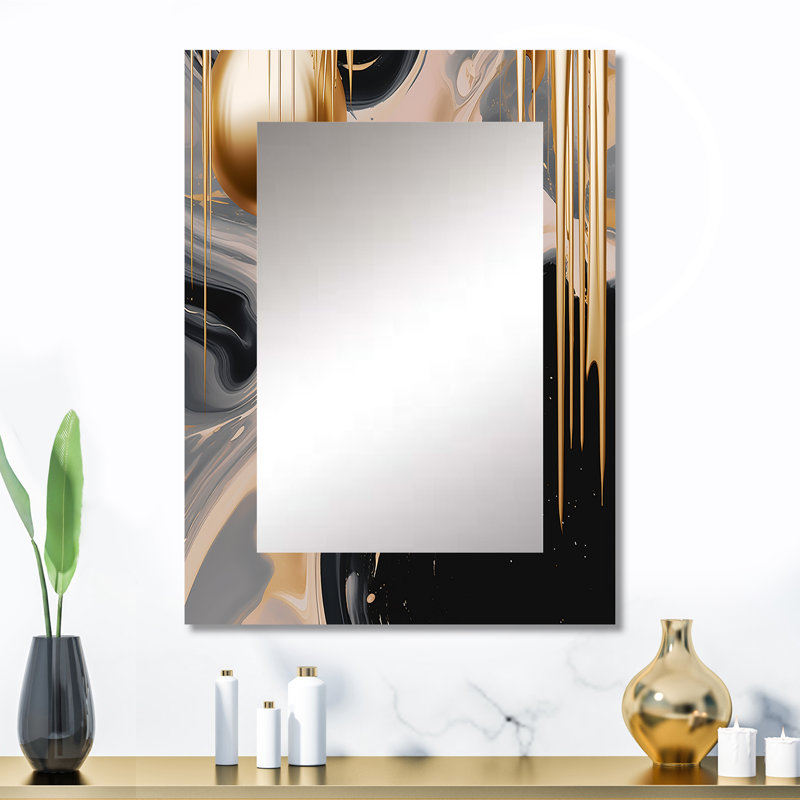 Gold and Black Mystic MÚlange I - Abstract Shapes Unique Mirror, Modern Large Wall Mirror, Printed Metal Art, 32" x 24"