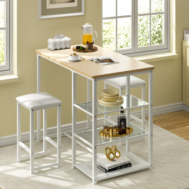 Ensemble de table de bar de cuisine 3 pièces avec plateau en chêne, tablettes de rangement et tabourets en cuir de polyuréthane