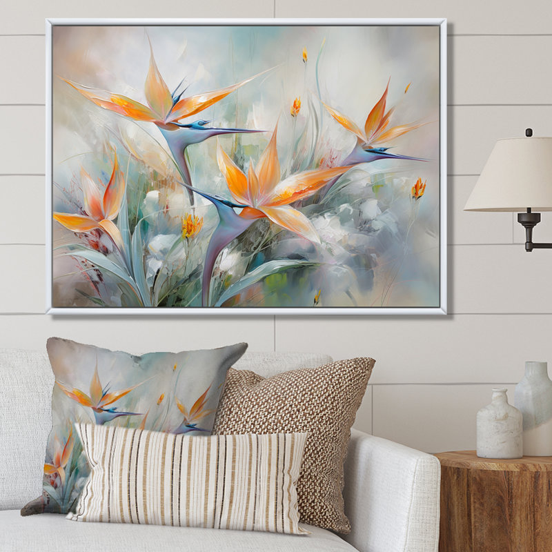Oiseaux de paradis beige et orange I - impression, Silver Picture Framed, 24" H x 32" W