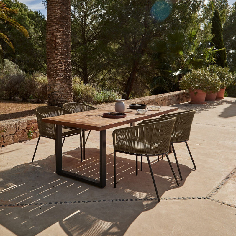 4 Seater Wooden Outdoor Dining Set 175cm, Green & Cream Round Lean Over Parasol