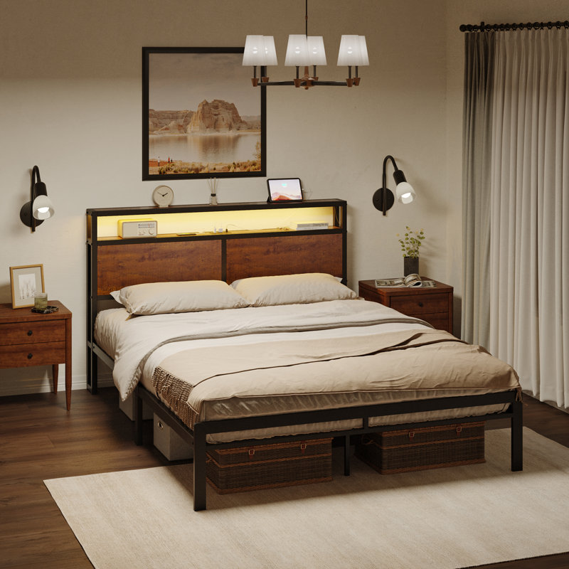 Antioch Metal Platform Bed with LED Light and Charging Station, Full, Brown