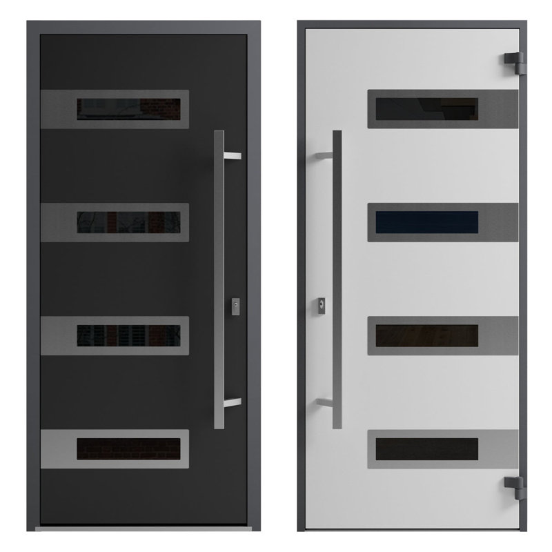 Modern Black Enamel Steel Front Door with Glass Inserts