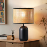 15.4'' Black Metal Table Lamp With Rattan Shade For Bedrooms, Living Rooms Or Reading Corners